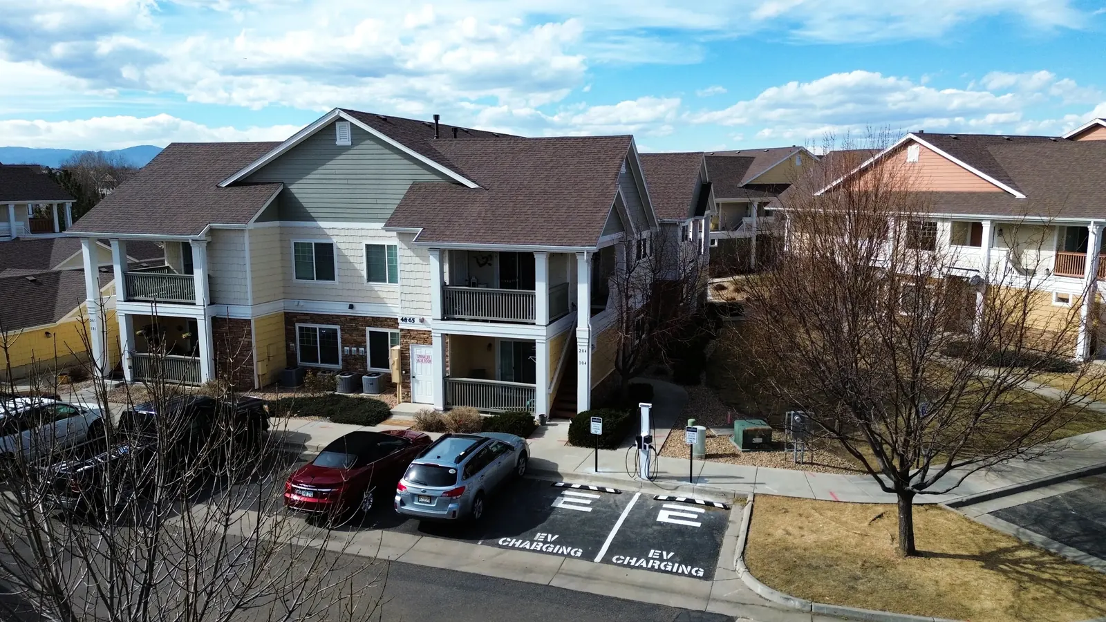 Aerial view of Lakeshore Townhomes in Loveland, Colorado — an Enertech partner community with EV charging